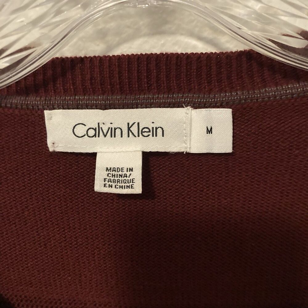 CALVIN KLEIN maroon striped v-neck long sleeve pullover sweater M - Picture 4 of 9